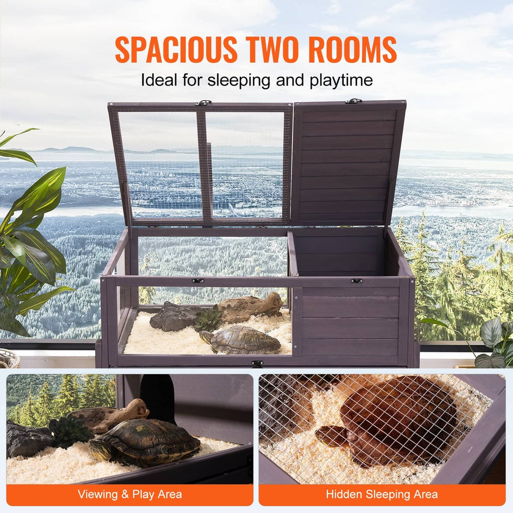Gray two-level tortoise habitat with metal mesh viewing and a hidden sleeping area