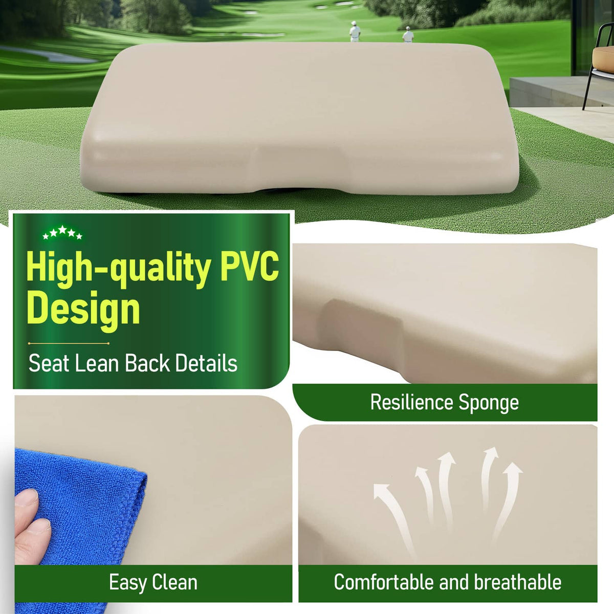 Light beige seat bottom cushion with smooth molded surface and side seam