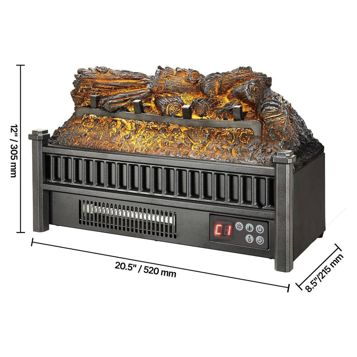 Electric log heater front dimension diagram with measurement arrows and control panel