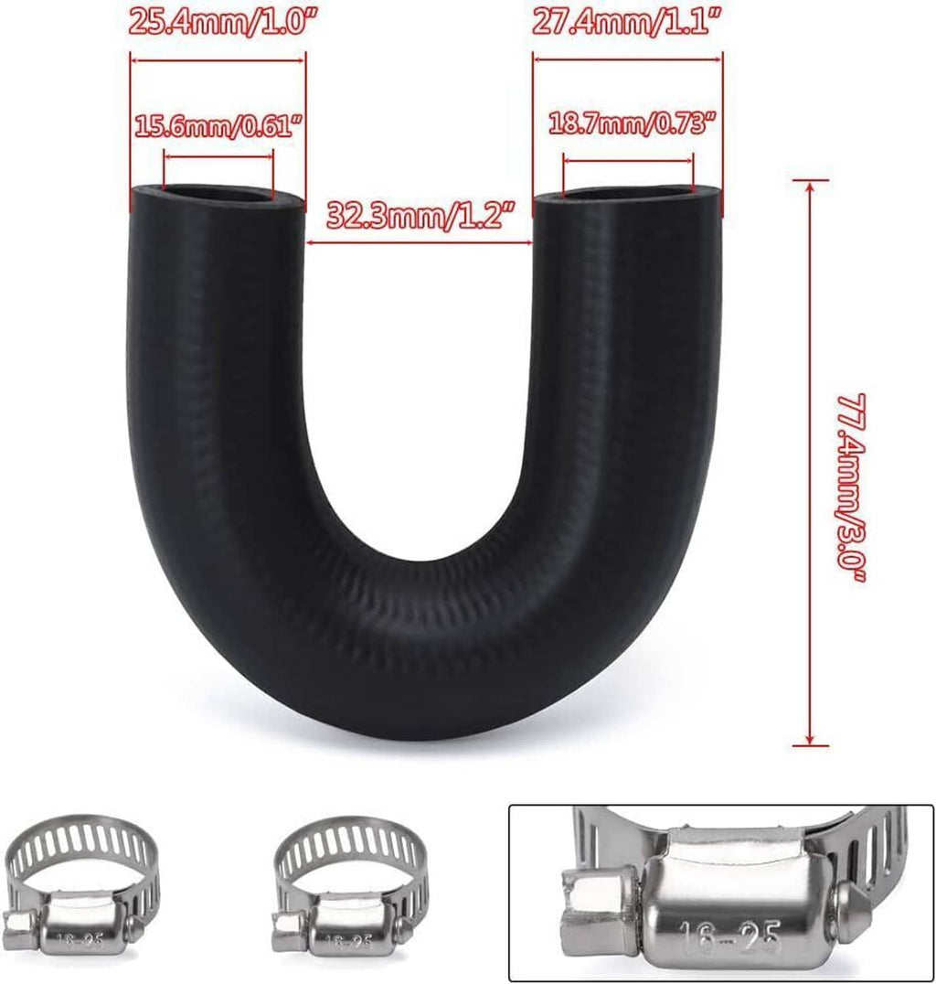 Black U-shaped heater hose with two hose clamp ends and height/dimension callouts
