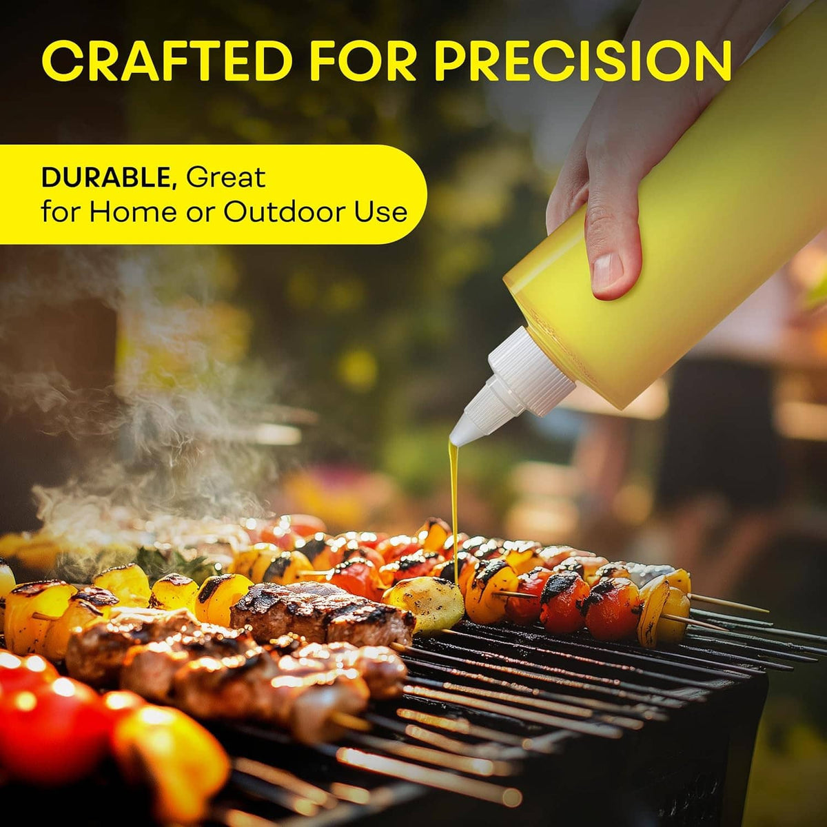Condiment squeeze bottle in yellow, held by hand, with white twist nozzle