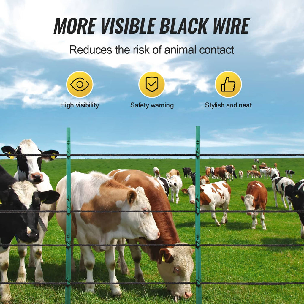 Electric livestock fence with visible black wire lines stretched between green posts
