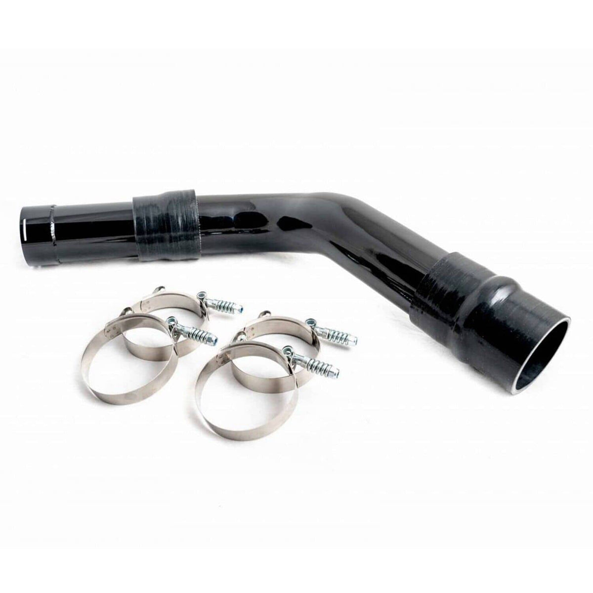 Black curved intercooler pipe with band clamps and mounting screws