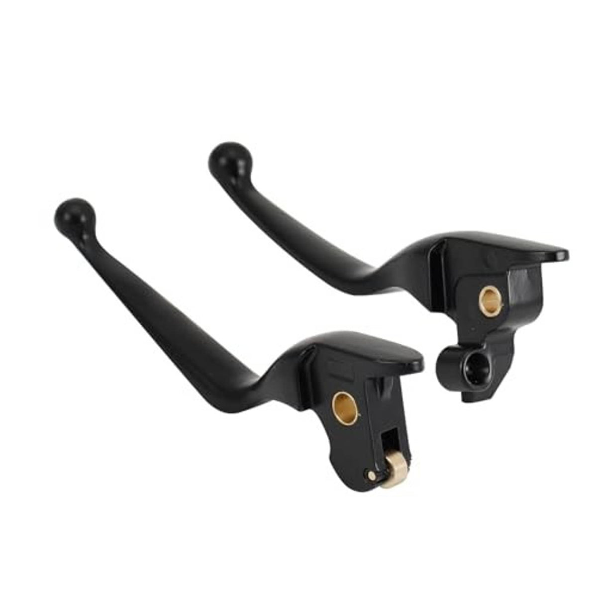 Black brake and clutch levers with gold bolts and bracket mounts, front view