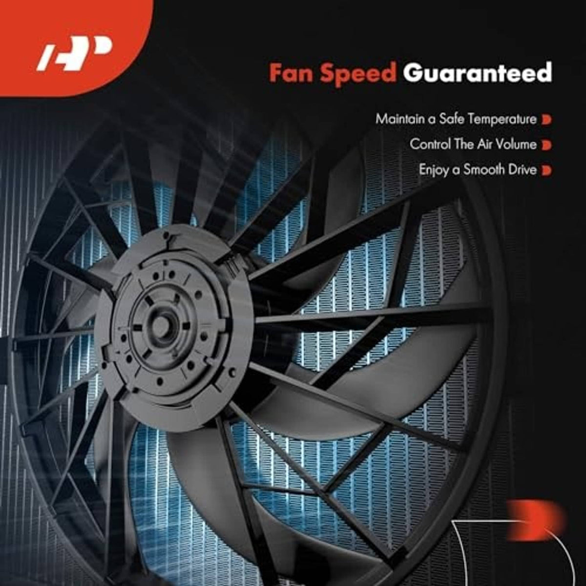 Automotive radiator cooling fan with spinning blades and grille