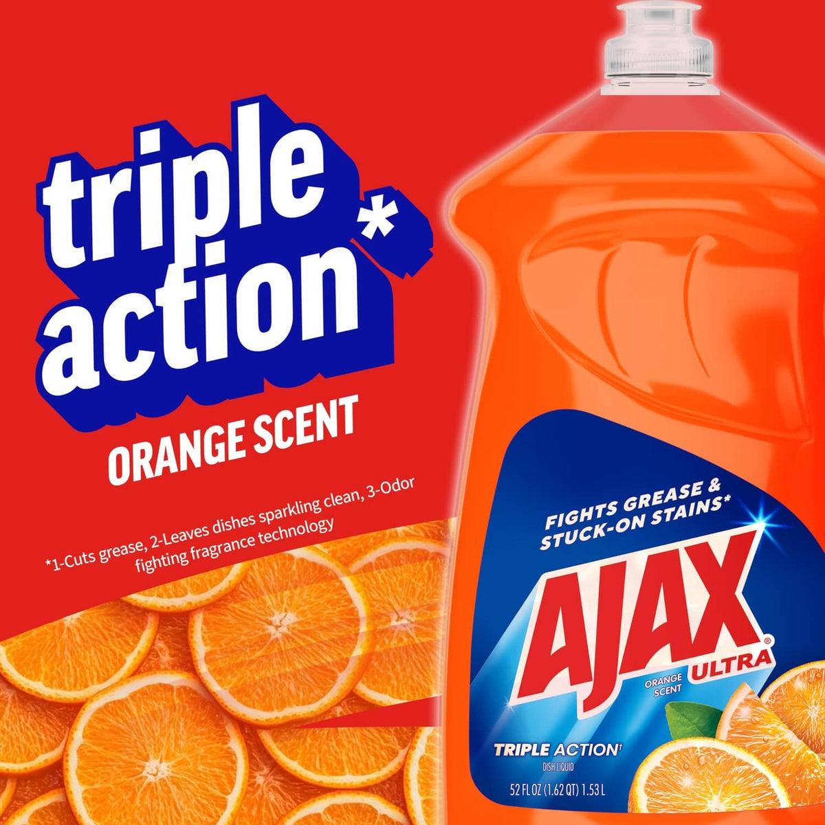 Ajax Ultra orange-scented dish soap bottle, Triple Action formula