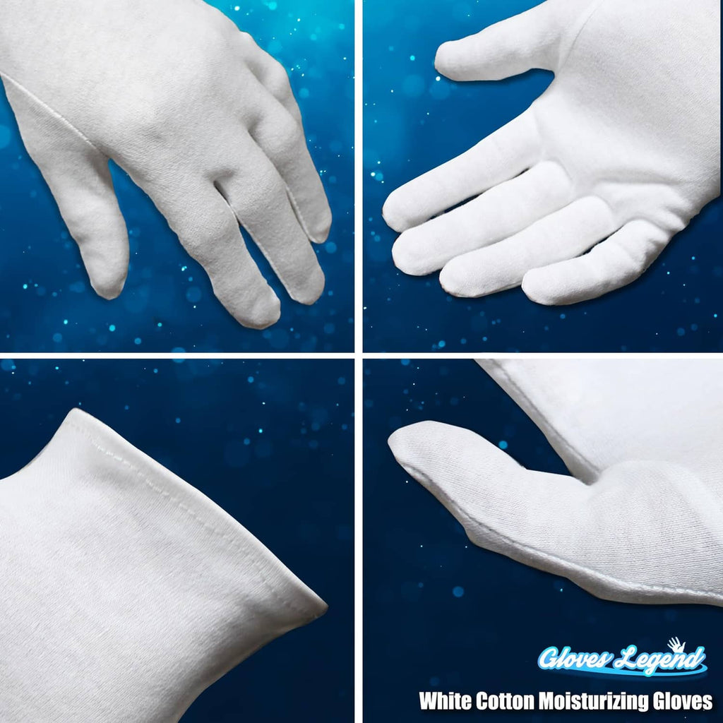 White cotton moisturizing gloves detail collage: palm, fingers, folded glove, cuff