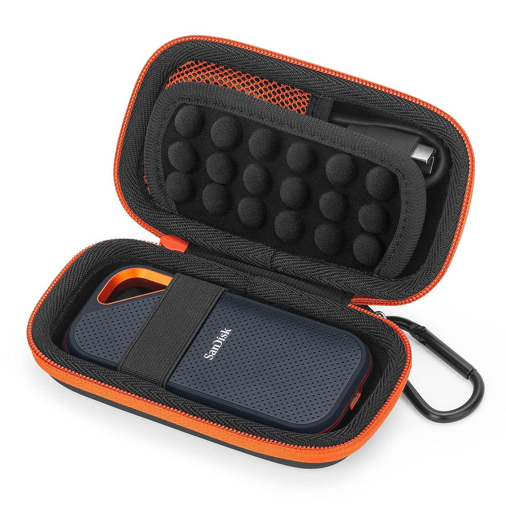 Black hard SSD case with orange trim, mesh lining, and padded compartments