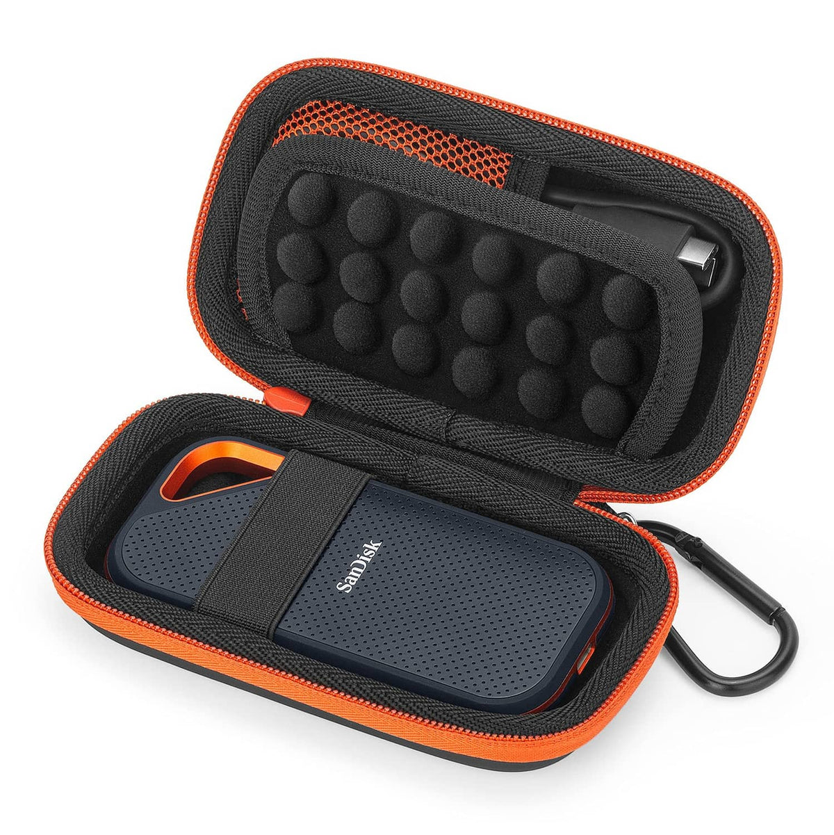 Black hard SSD case with orange trim, mesh lining, and padded compartments