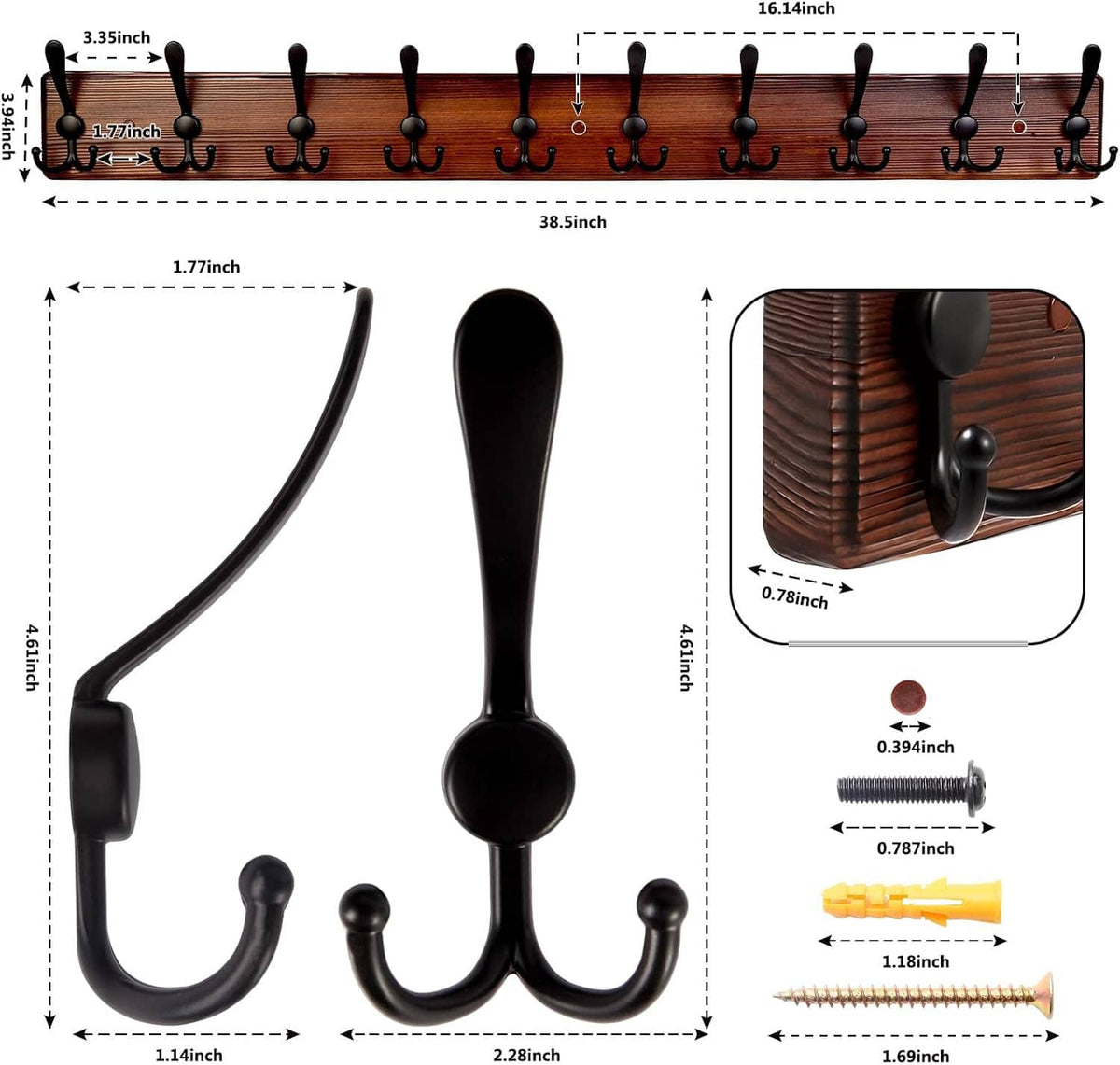 Wall-mounted coat rack diagram showing 10 black hooks, dimensions, and mounting hardware