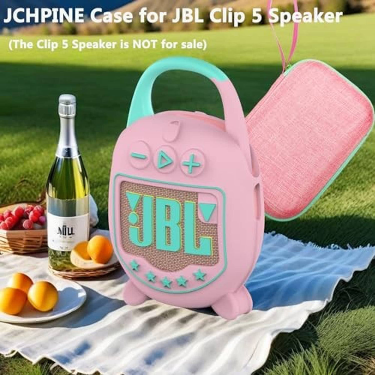 Pink JBL-style speaker case with teal trim, open front window, and carrying strap.