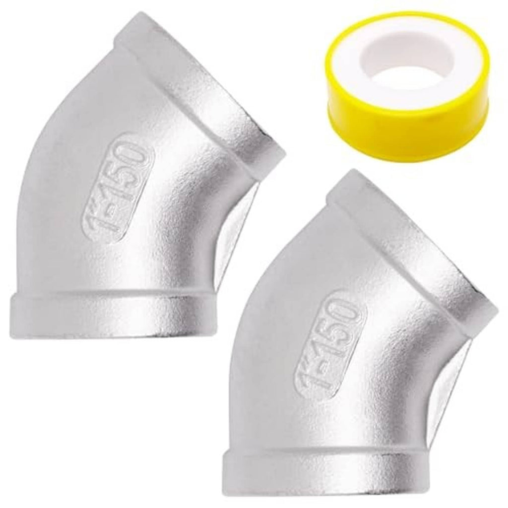 Stainless steel 45° elbow pair with female NPT threads and yellow tape seal.