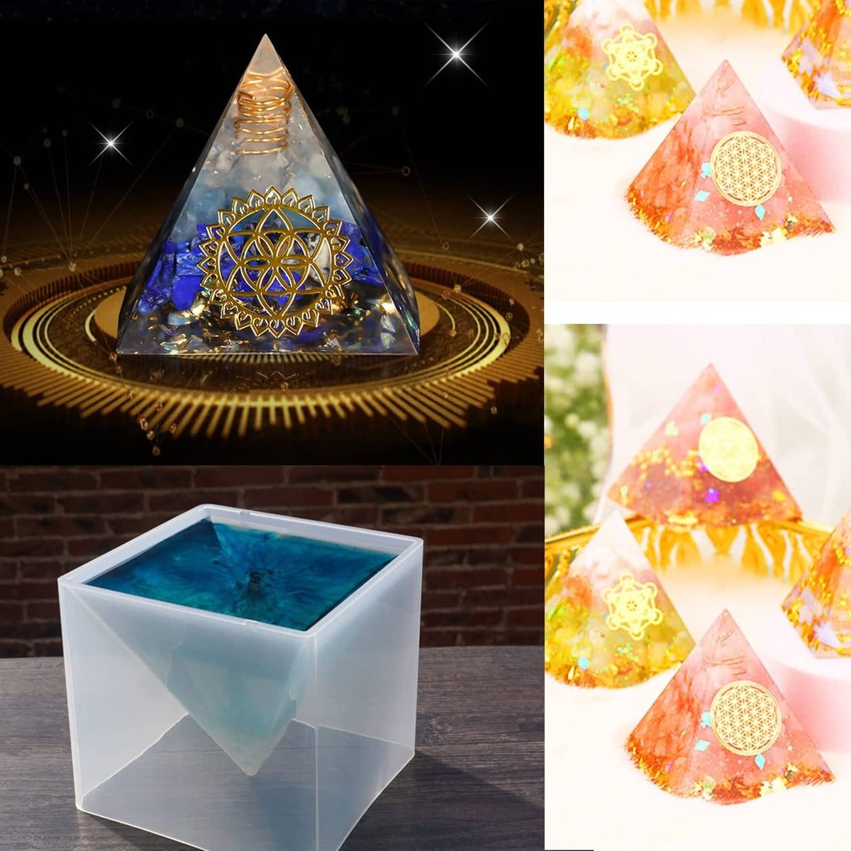 Pyramid silicone mold with blue resin inside, showing a faceted triangular casting form