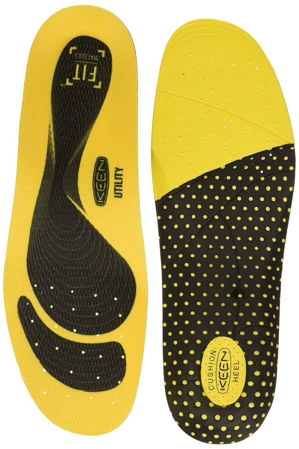 Shock-absorbing yellow insole with black heel cup, arch support and dotted grip
