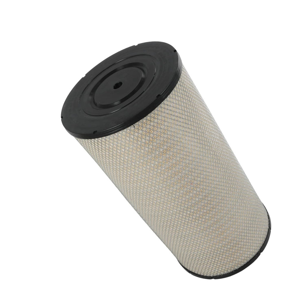 Cylindrical engine air filter angled view with black top cap and pleated beige element