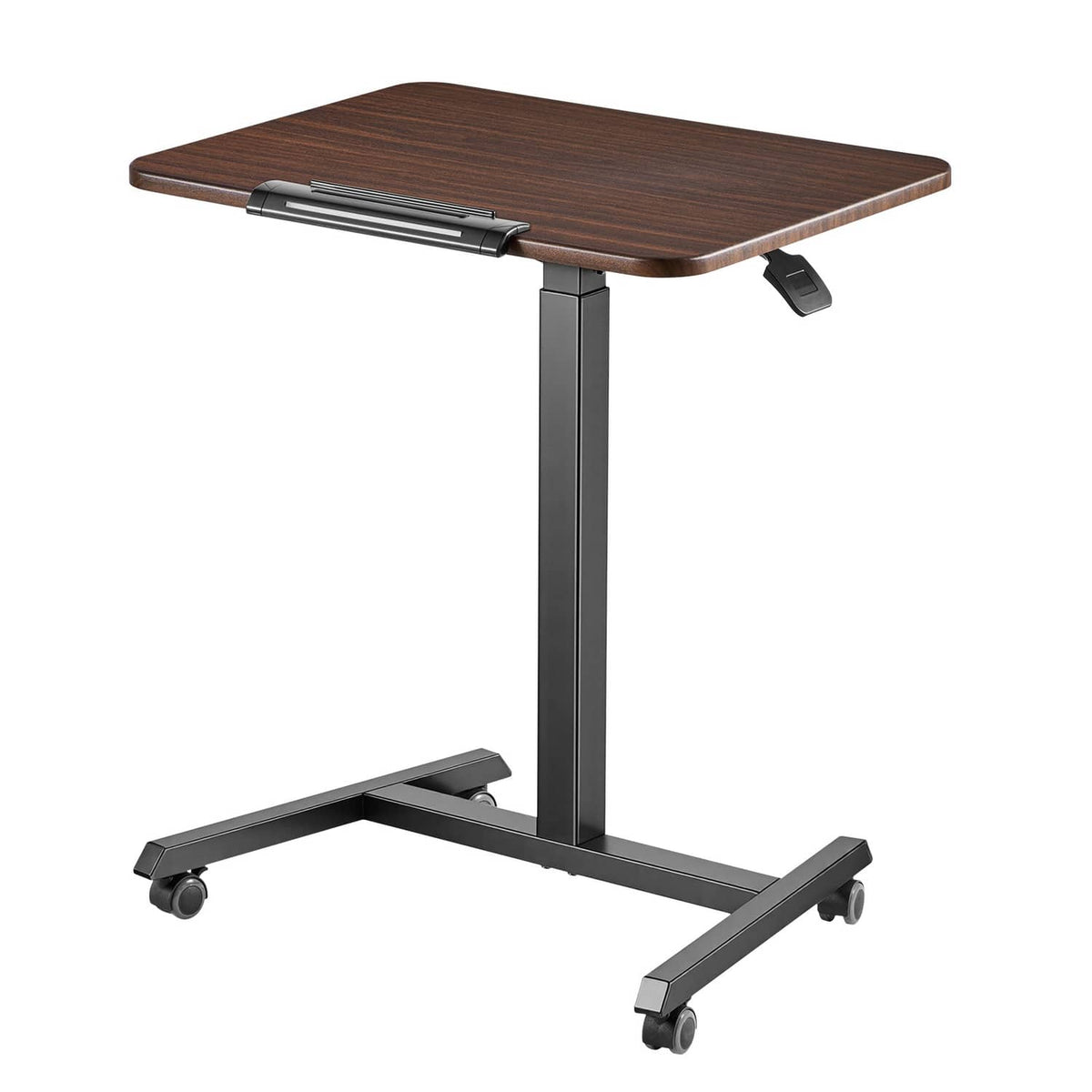 Standing desk with brown wood top, gray base, and tilting desktop handle on casters