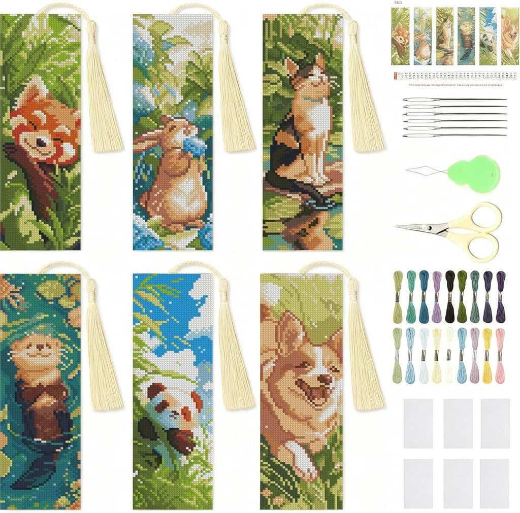 6-pack animal cross-stitch bookmark kit with stitched strips, tassels, thread, and needles