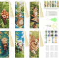 6-pack animal cross-stitch bookmark kit with stitched strips, tassels, thread, and needles