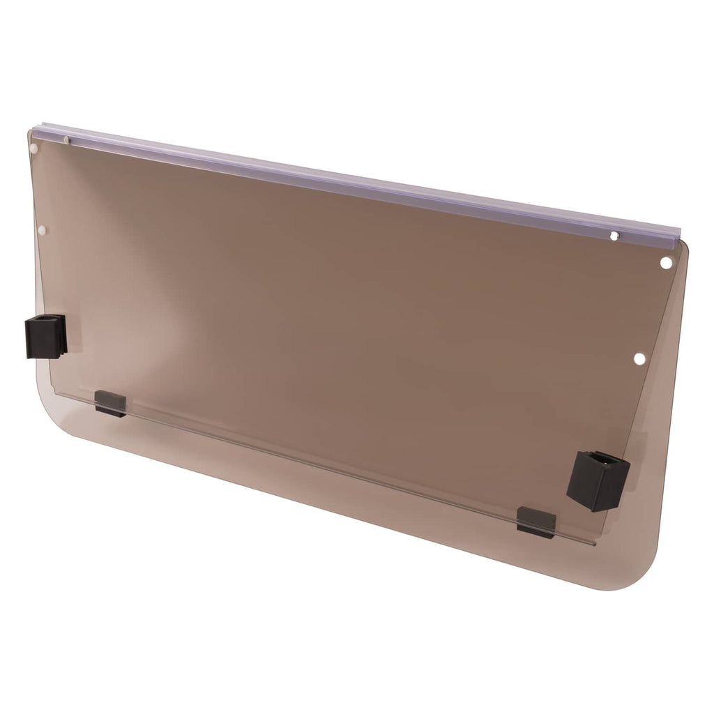 Tinted folding golf cart windshield angled view with corner mounting brackets