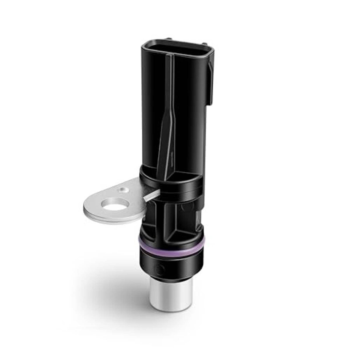 Angled black crankshaft position sensor with mounting flange and silver connector