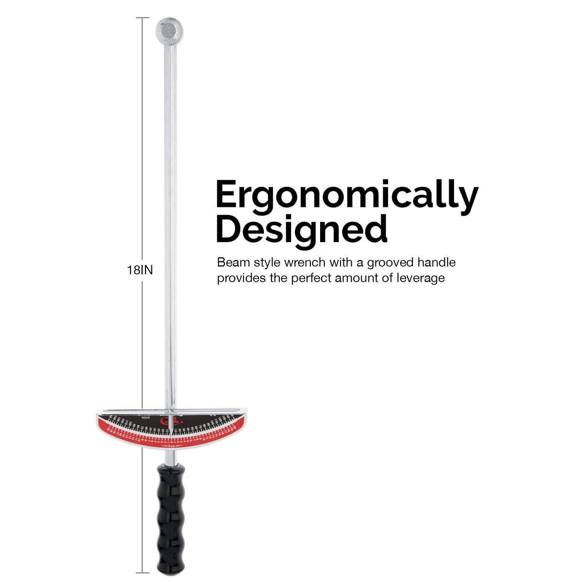 Beam style torque wrench with grooved handle and red circular torque scale