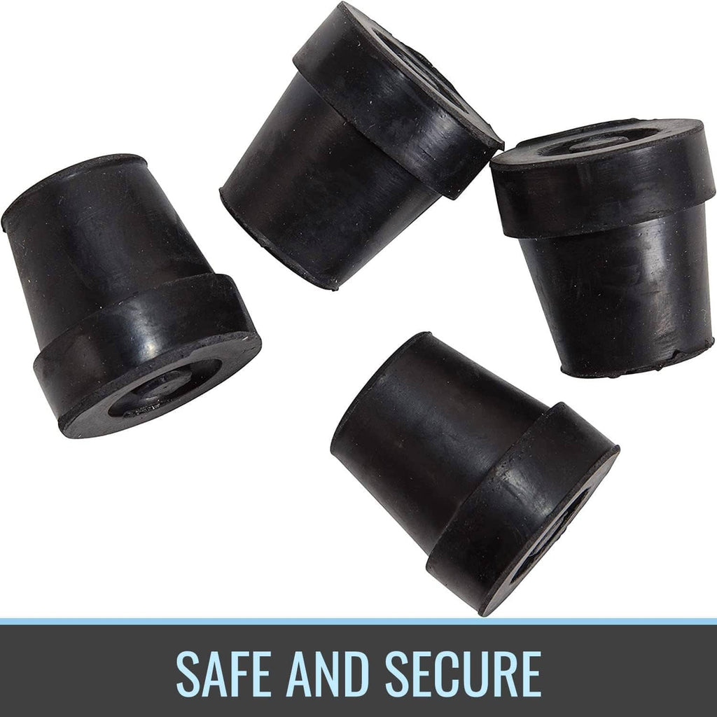 Four black rubber replacement quad cane tips, separate pieces with circular bottom opening