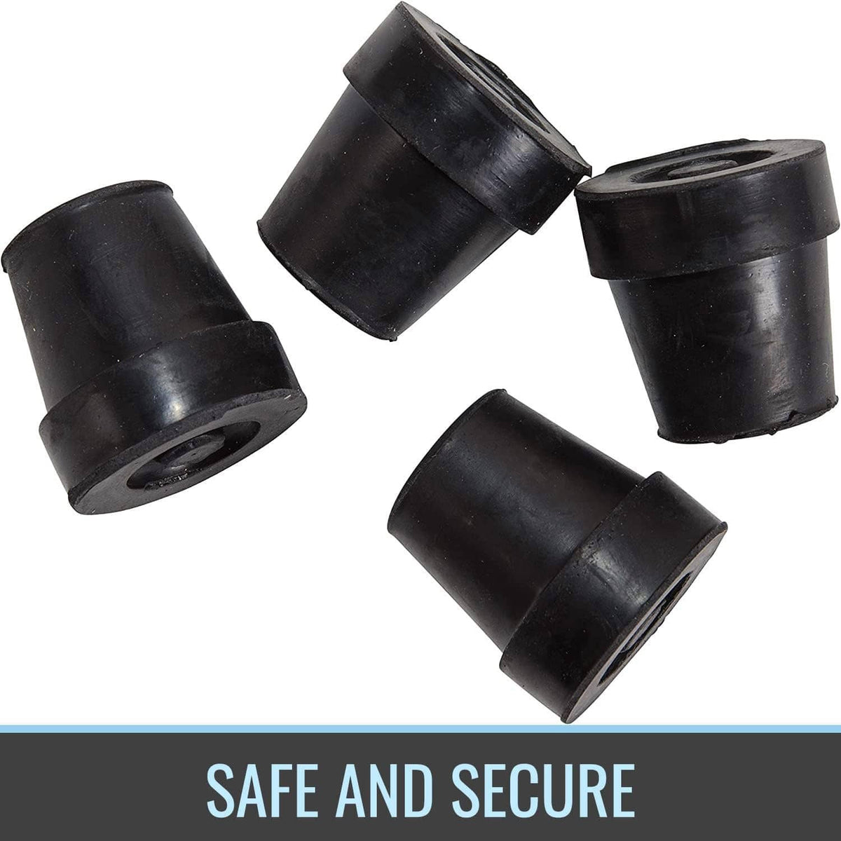 Four black rubber replacement quad cane tips, separate pieces with circular bottom opening
