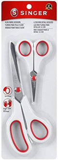 Singer scissors set with red handles and white blades, four-piece kit on card back