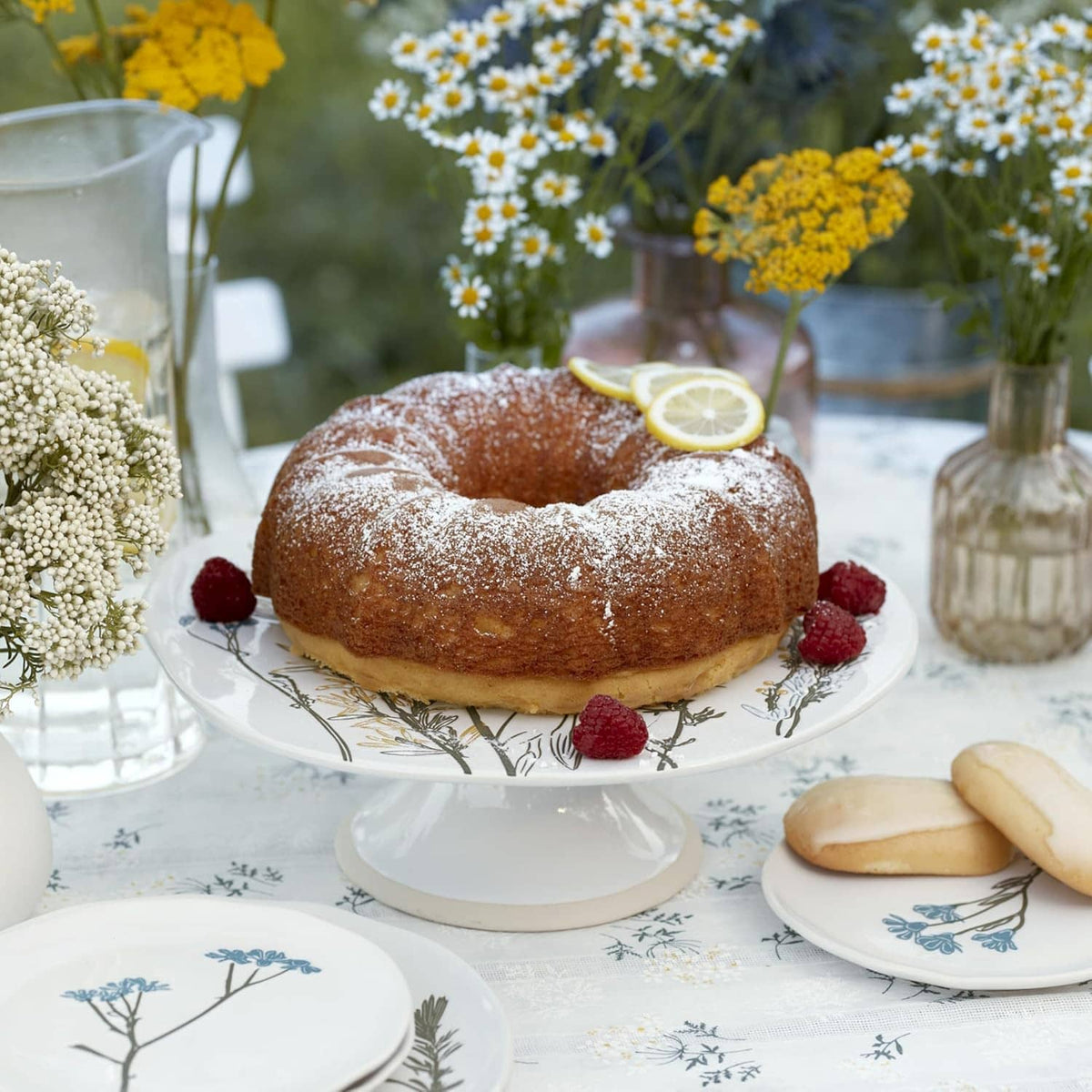 White serving plate with blue wildflower stem design