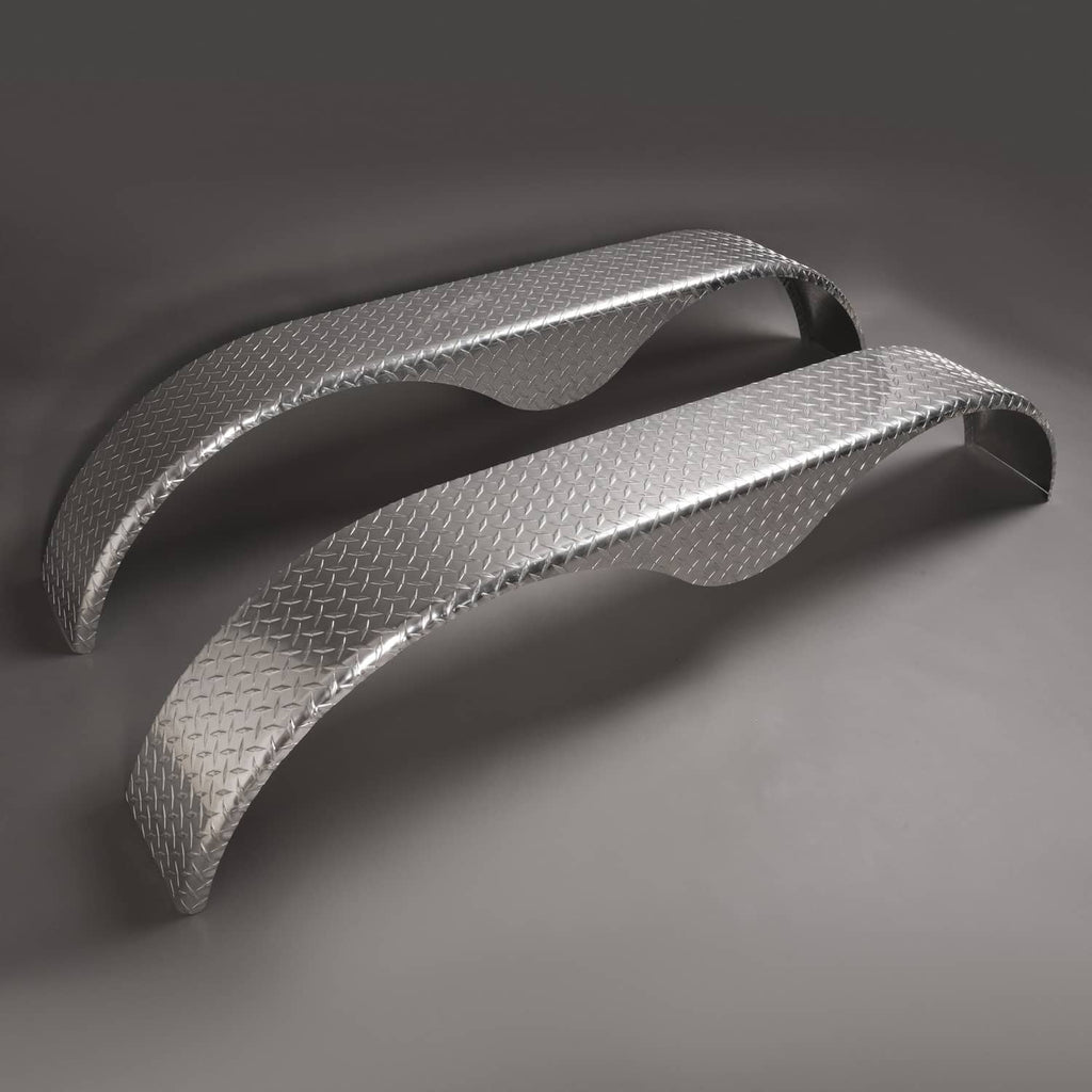Silver textured teardrop tread plate fenders for cargo trailer, 2-piece tandem set