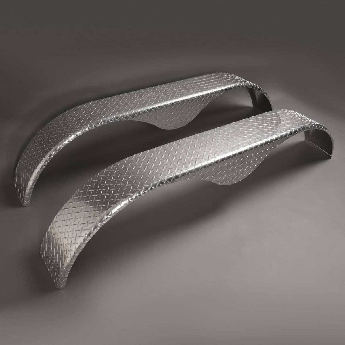 Silver textured teardrop tread plate fenders for cargo trailer, 2-piece tandem set
