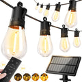 Solar string lights kit with black sockets, clear bulbs, remote control, and solar panel
