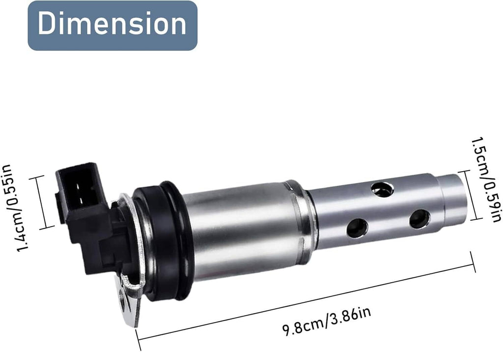 Variable timing solenoid valve with black connector and silver cylindrical body, length shown