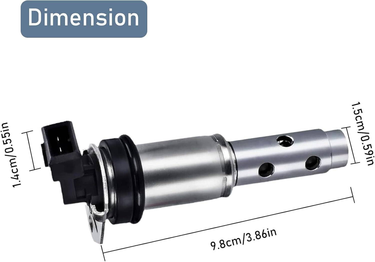 Variable timing solenoid valve with black connector and silver cylindrical body, length shown