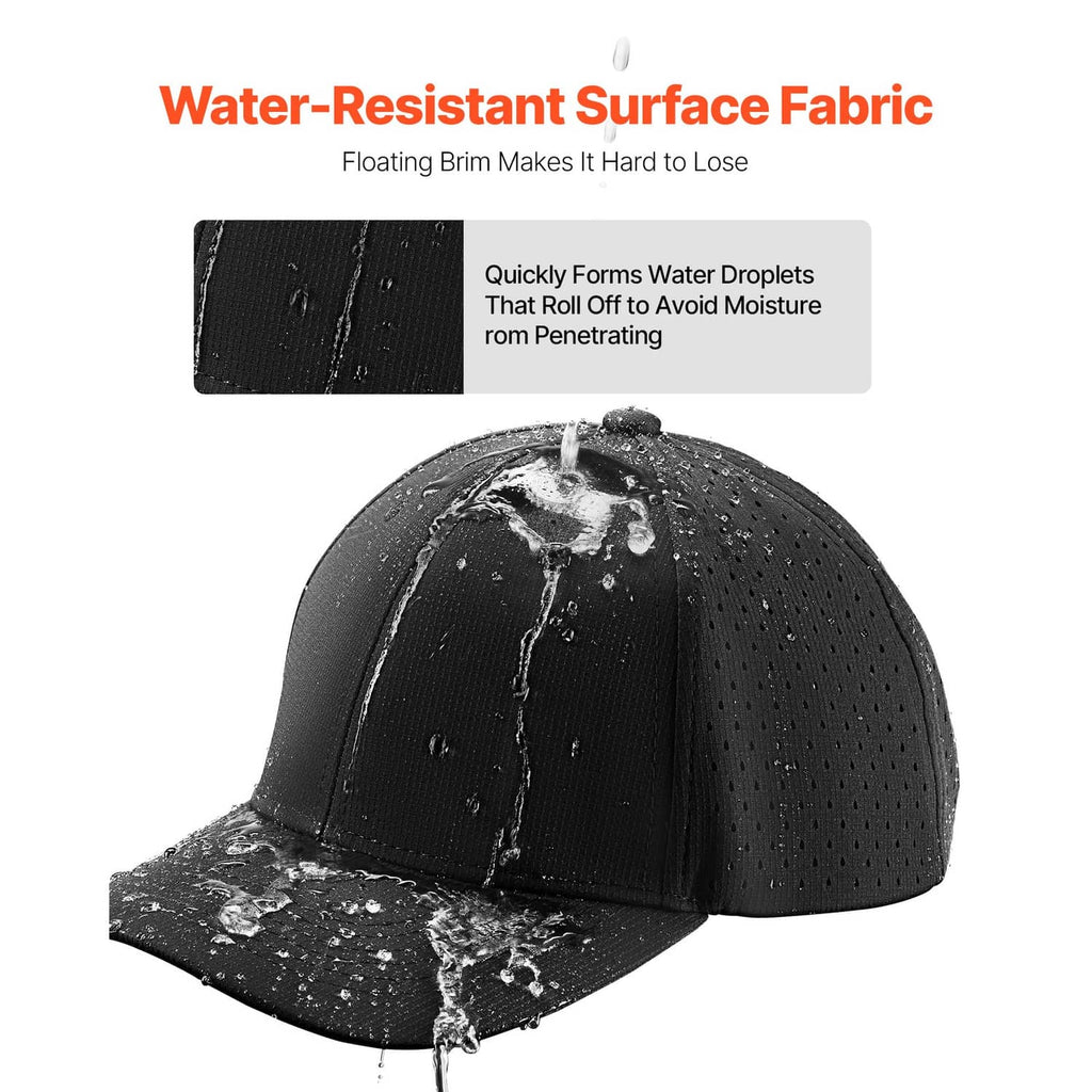 Black perforated baseball cap with water droplets on fabric