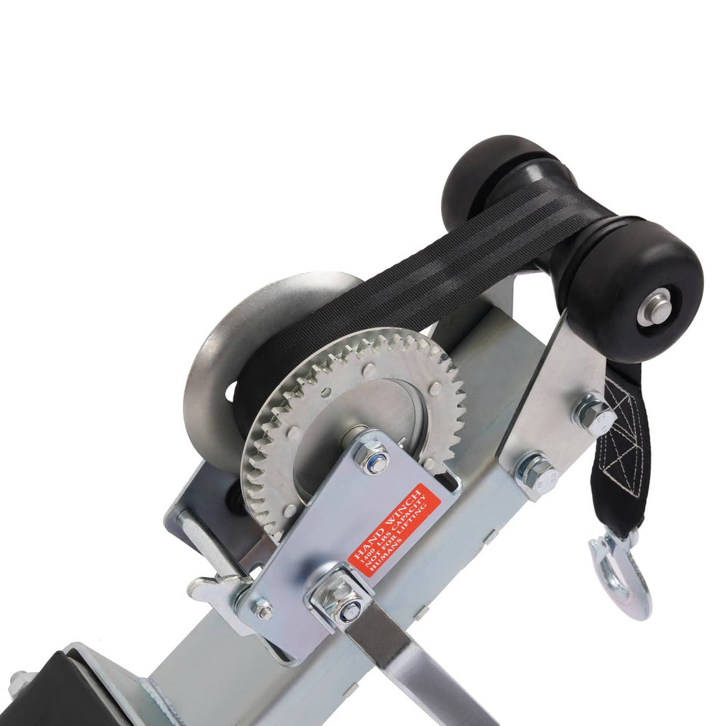 Close-up of winch stand pulley assembly with black rollers and steel mounting plate