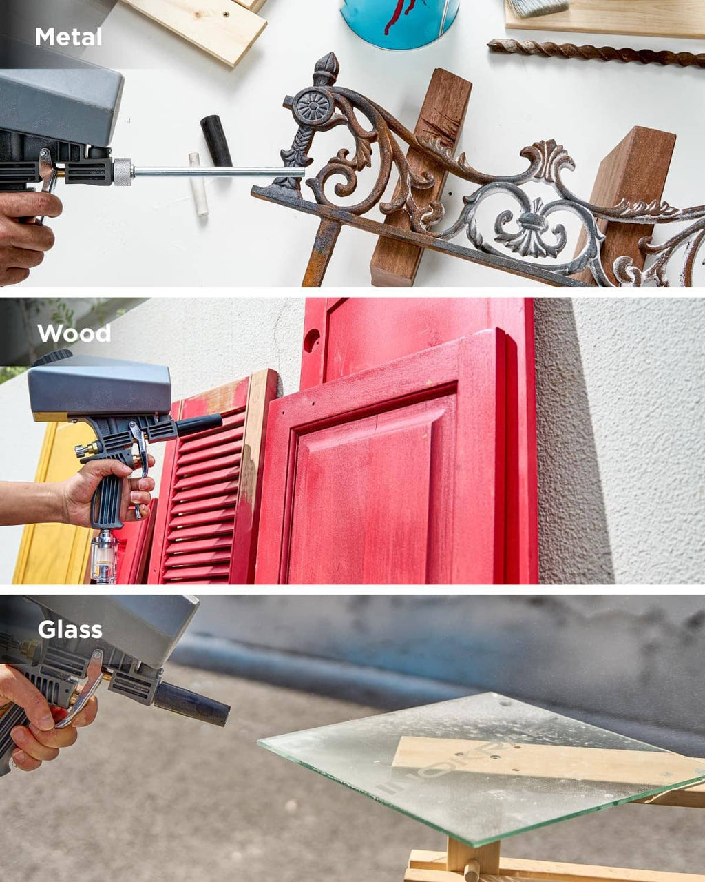 Sand blaster gun spraying applications on metal, wood, and glass surfaces