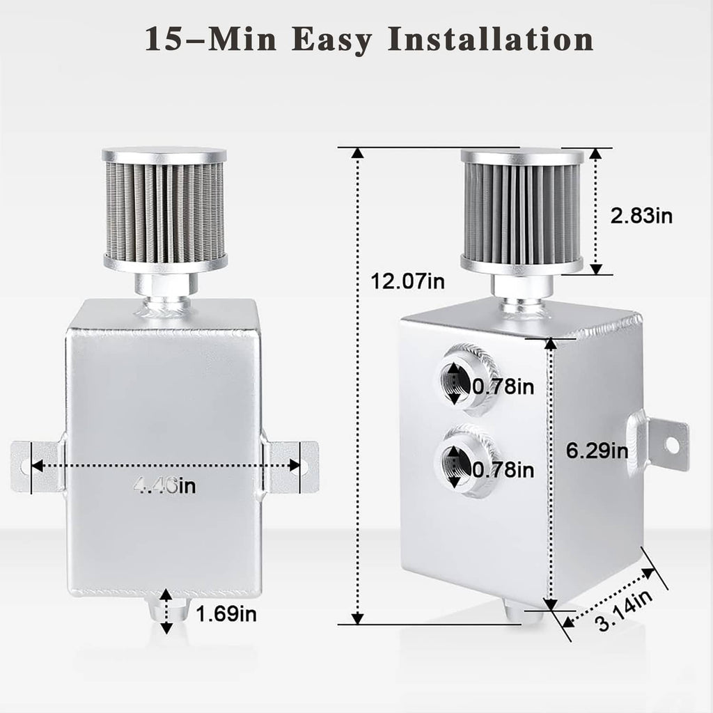 Oil catch can with breather filter and mounting bracket, size dimensions diagram