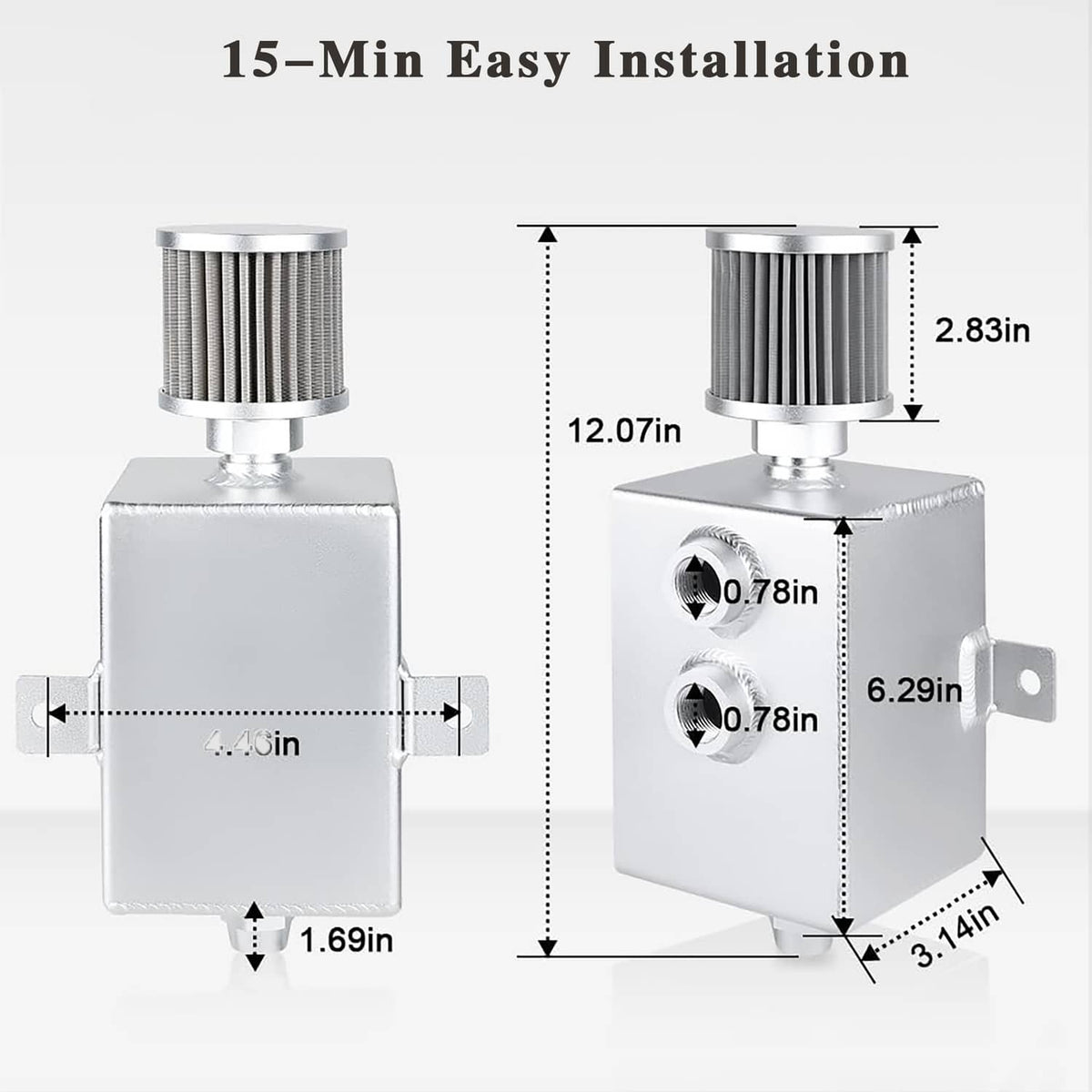Oil catch can with breather filter and mounting bracket, size dimensions diagram