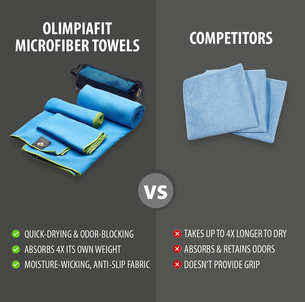 Rolled microfiber workout towel set with lime edging, three towels stacked