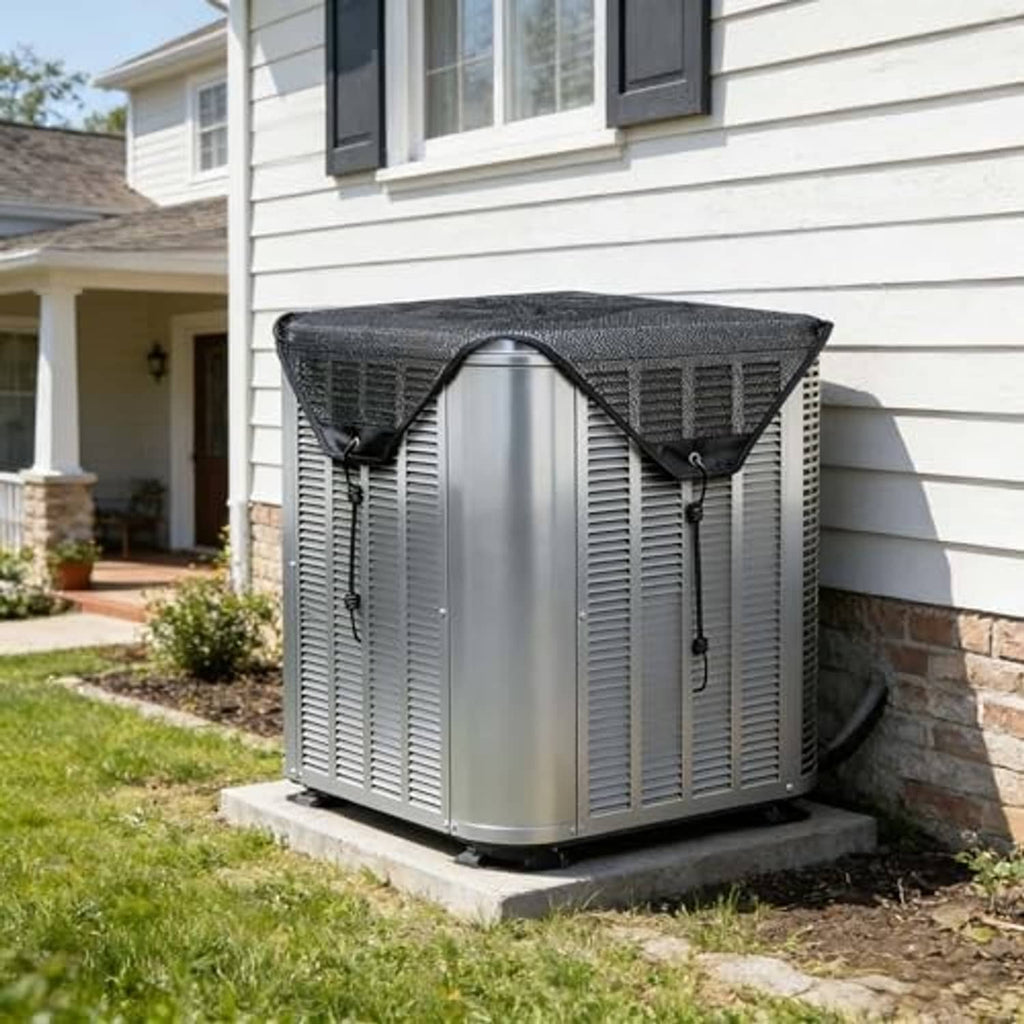 Outdoor AC unit cover on a concrete base, dark gray mesh with fastening straps