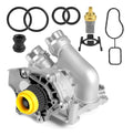 Water pump assembly with thermostat, silver housing and yellow pulley, includes seals and O-rings