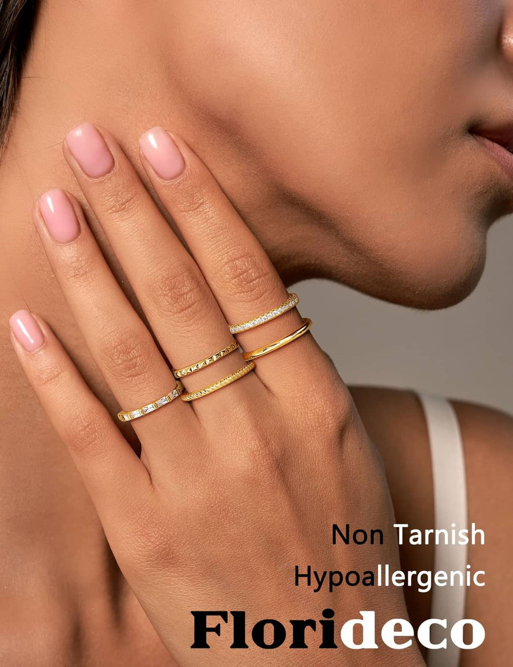 Gold-plated thin stackable rings on fingers, multi-band design