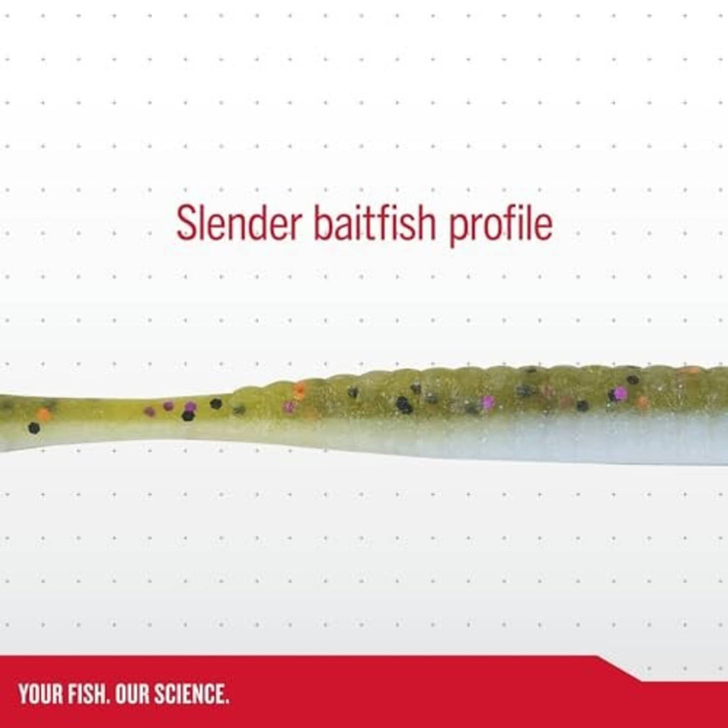 Olive green slender soft bait worm with speckled spots in pink and purple colors