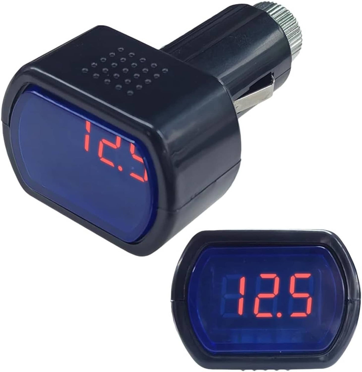 Car digital voltmeter plug with blue display and red LED 12.xV reading
