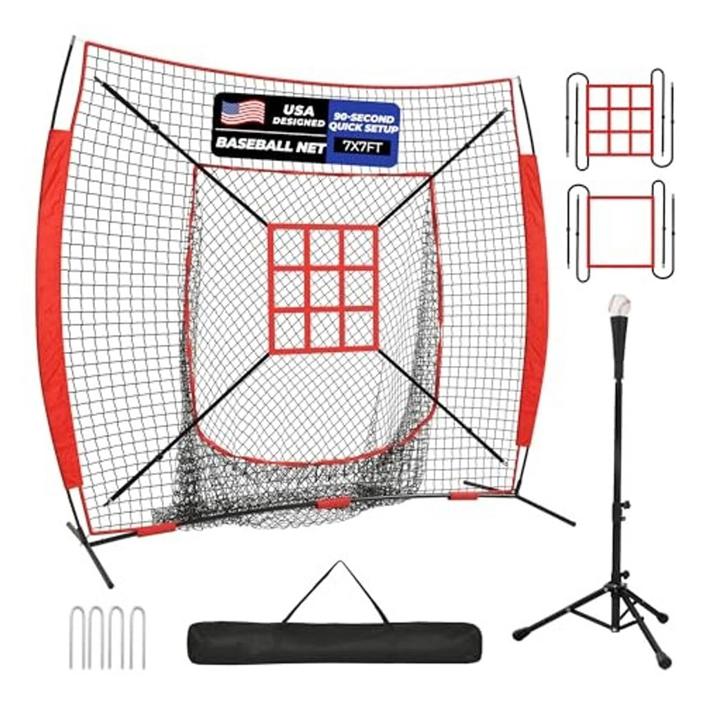 Baseball batting net with red frame and strike zone target, includes tripod stand and setup parts