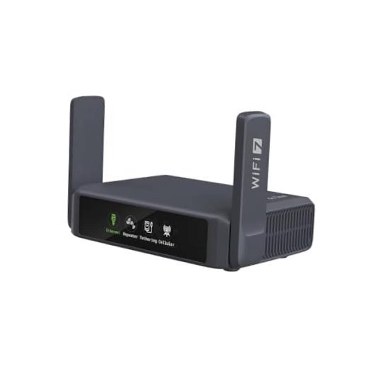 Slate gray portable dual-band Wi-Fi 7 travel router with two vertical antennas