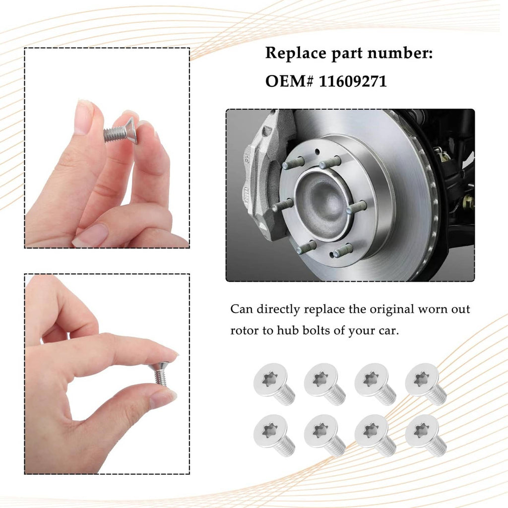 Brake rotor screw set with silver threads and white star drive heads, shown in hand