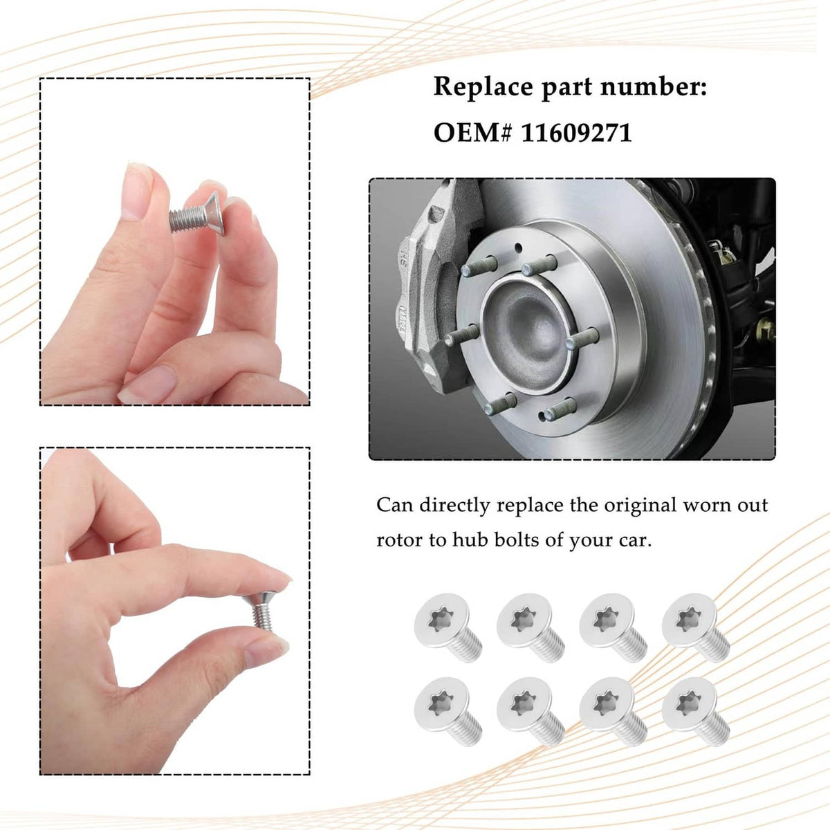 Brake rotor screw set with silver threads and white star drive heads, shown in hand