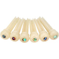 Guitar bridge pins, 6 natural bone-look pieces with iridescent inlay tops